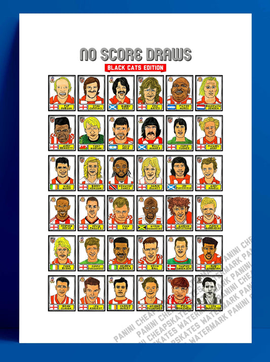 Sunderland - No Score Draws Black Cats Edition - A3 print of 36 hand-drawn Panini-style football sticker legends - Cheapskate football art