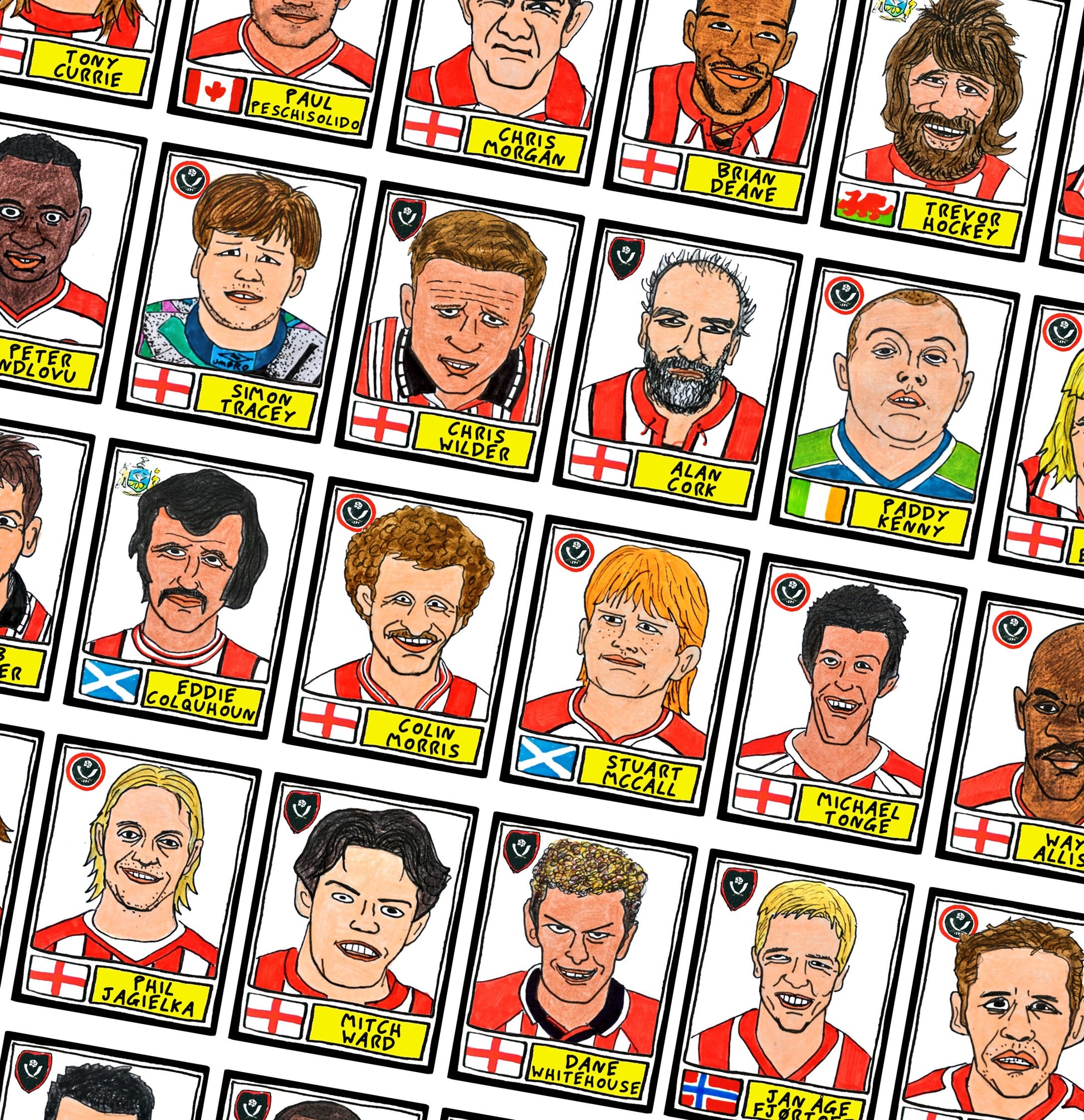 Sheffield United - No Score Draws Blades Edition - A3 print of 36 hand-drawn Panini-style football sticker legends - Cheapskate football art