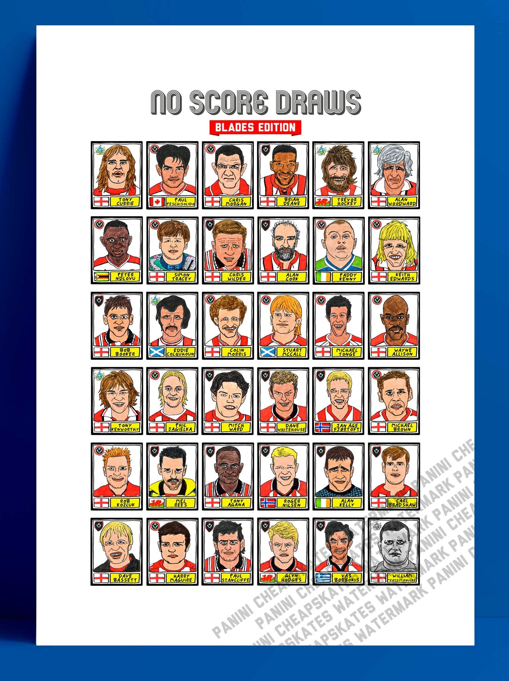 Sheffield United - No Score Draws Blades Edition - A3 print of 36 hand-drawn Panini-style football sticker legends - Cheapskate football art