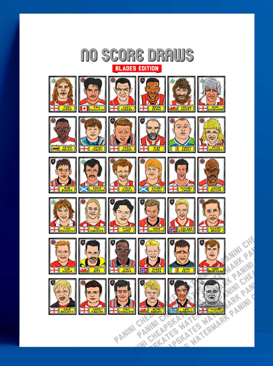 Sheffield United - No Score Draws Blades Edition - A3 print of 36 hand-drawn Panini-style football sticker legends - Cheapskate football art