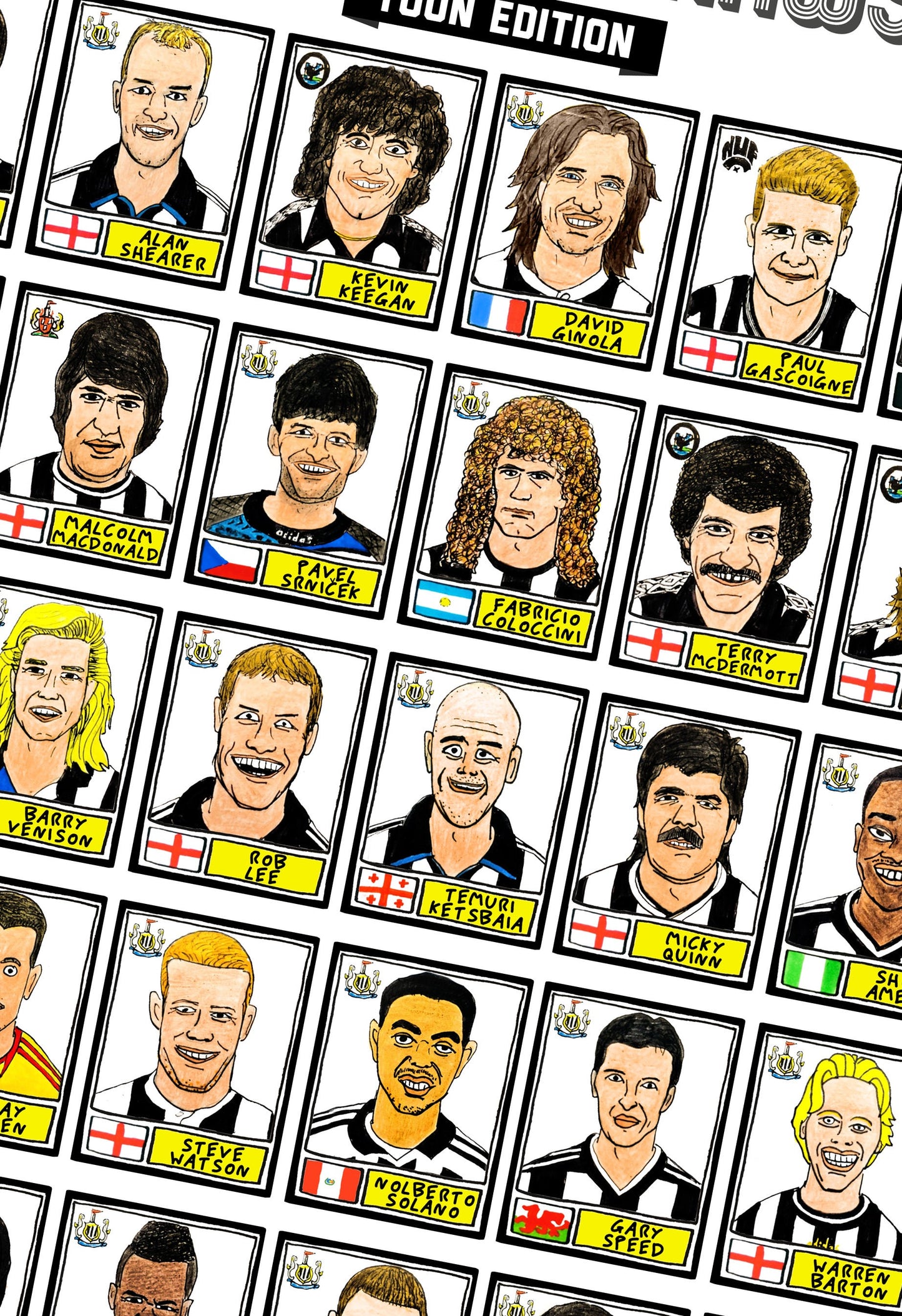 Newcastle United - No Score Draws Toon Edition - A3 print of 36 hand-drawn Panini-style football sticker legends - Cheapskate football art