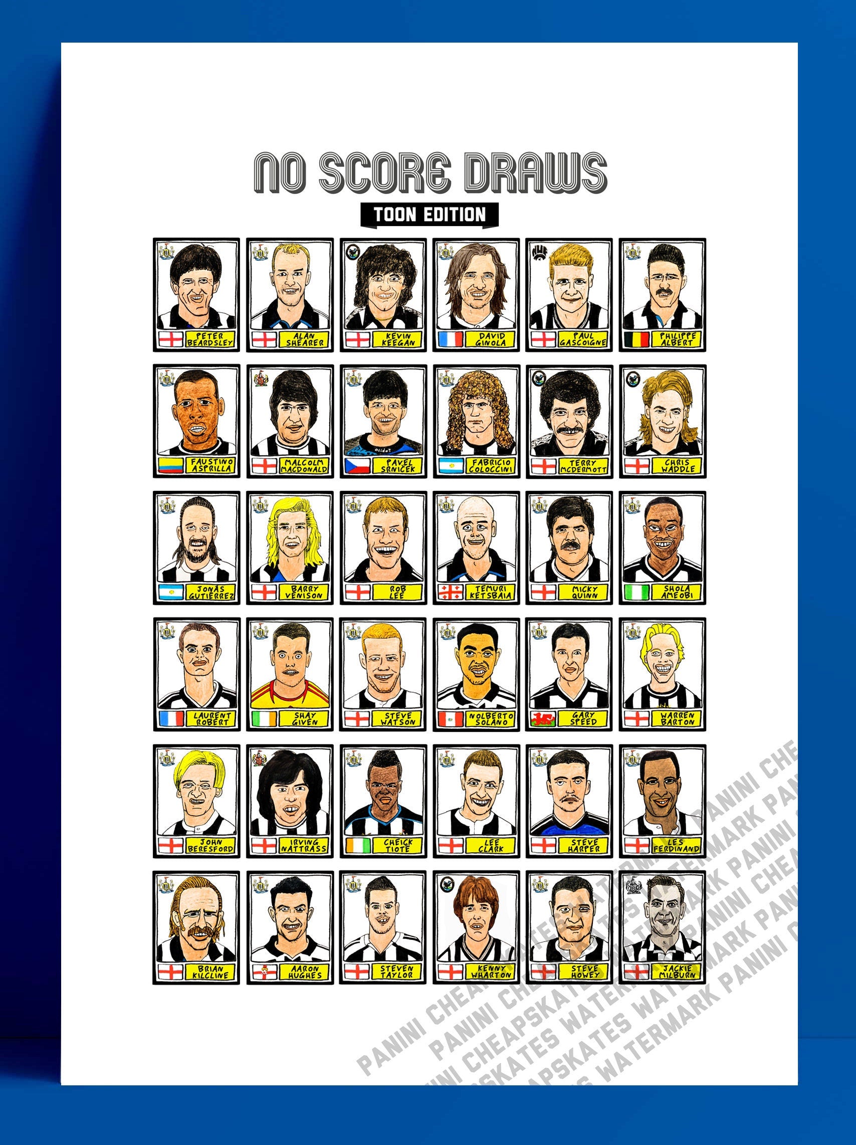 Newcastle United - No Score Draws Toon Edition - A3 print of 36 hand-drawn Panini-style football sticker legends - Cheapskate football art