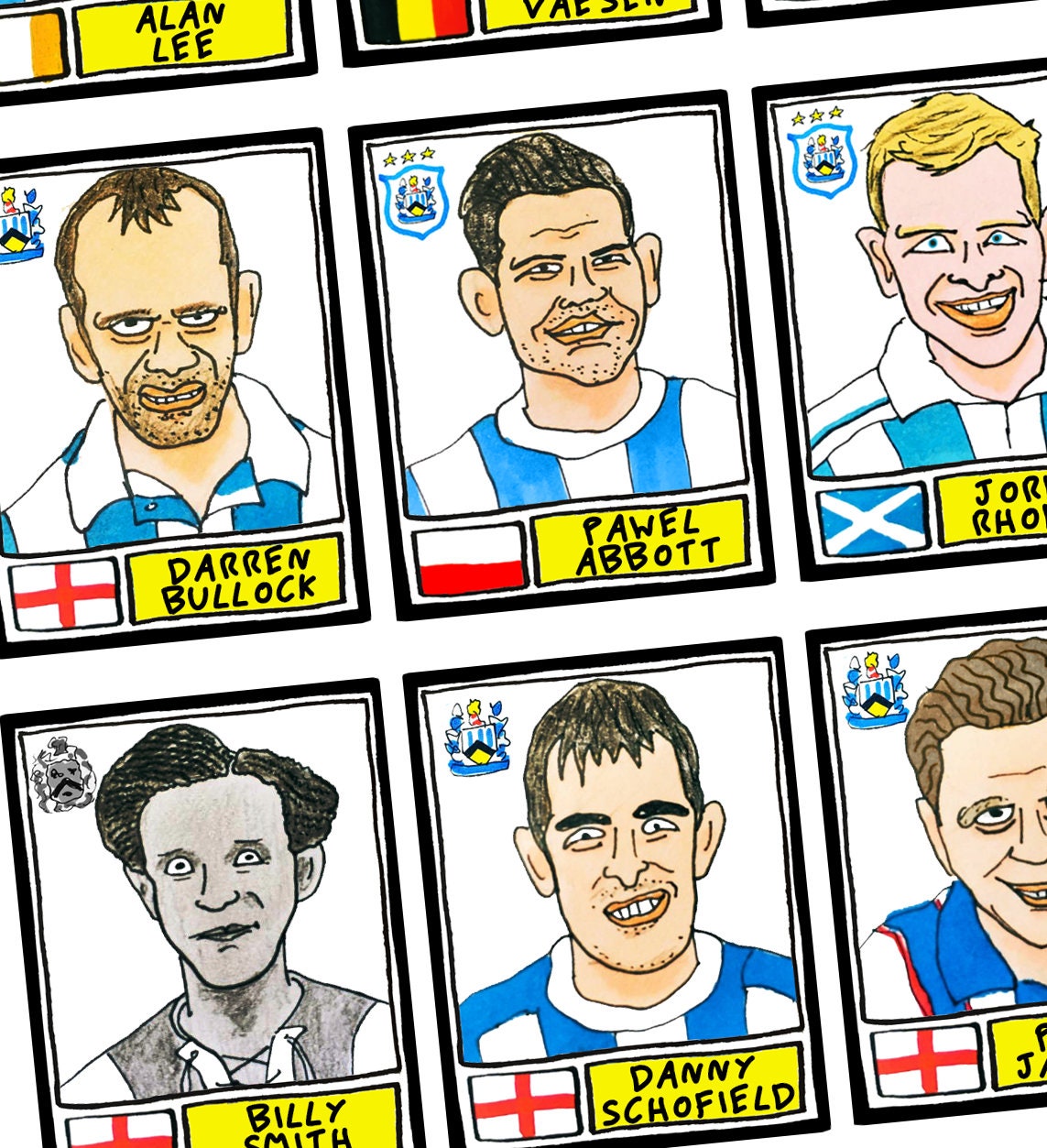 Huddersfield Town - No Score Draws Terriers Edition - A3 print of 36 hand-drawn Panini-style HTAFC sticker legends - Cheapskate football art