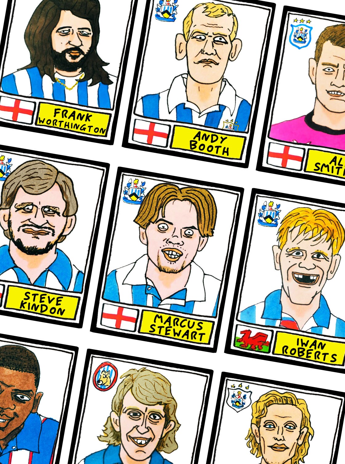 Huddersfield Town - No Score Draws Terriers Edition - A3 print of 36 hand-drawn Panini-style HTAFC sticker legends - Cheapskate football art