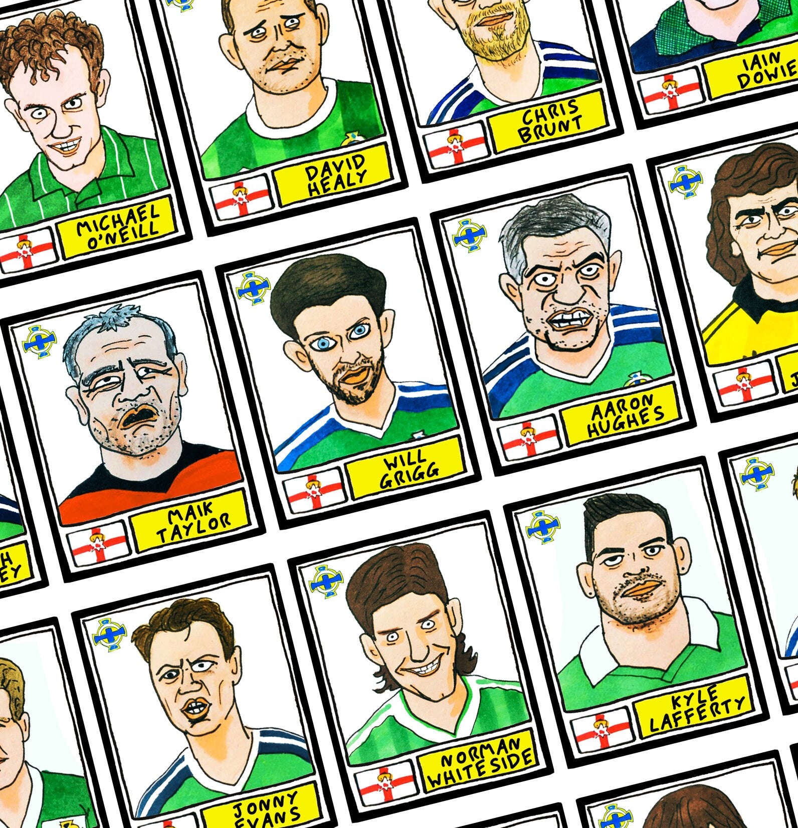 Northern Ireland - No Score Draws Norn Iron Edition - A3 print of 36 hand-drawn Panini-style football legends - Cheapskate football art