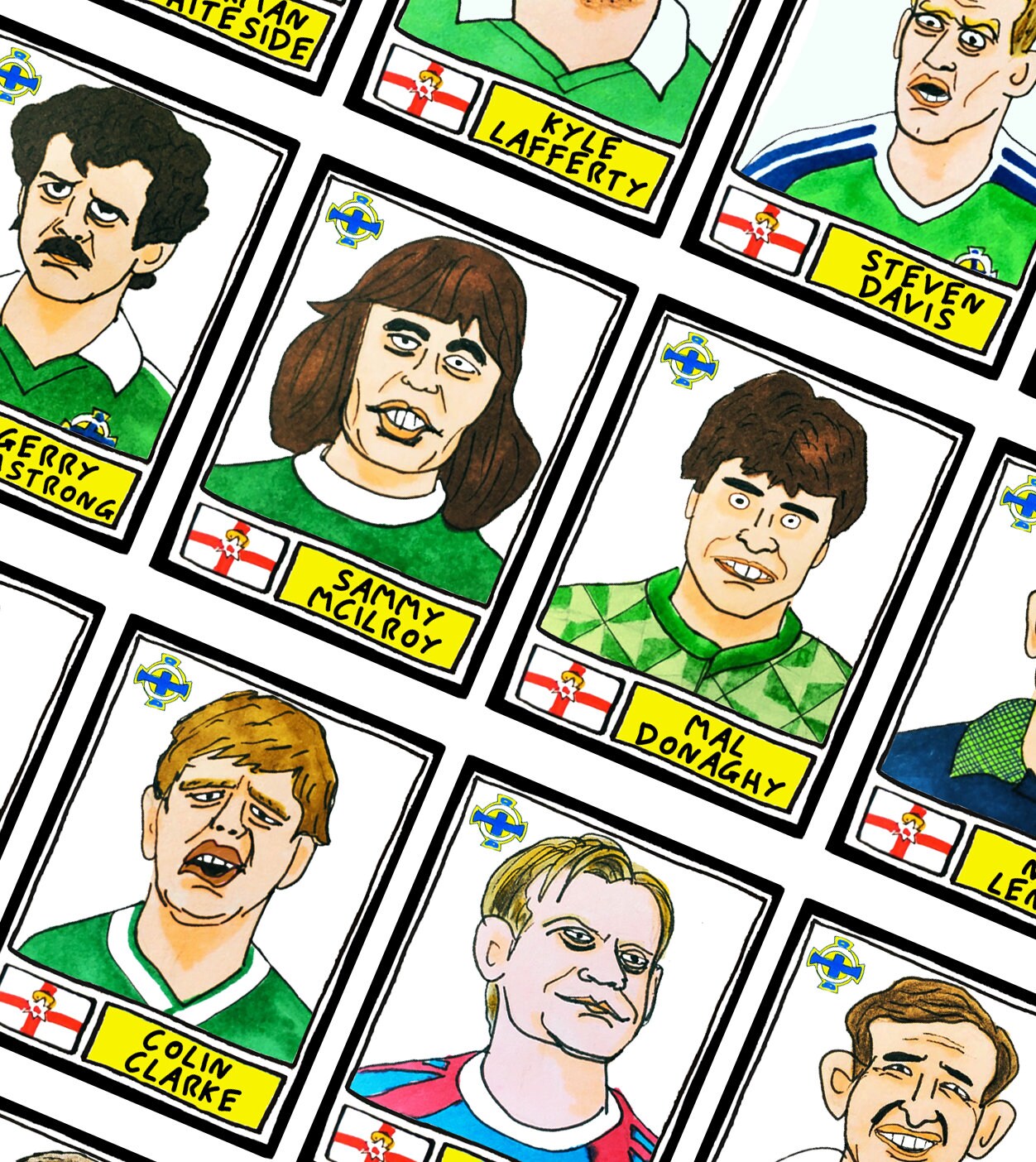 Northern Ireland - No Score Draws Norn Iron Edition - A3 print of 36 hand-drawn Panini-style football legends - Cheapskate football art