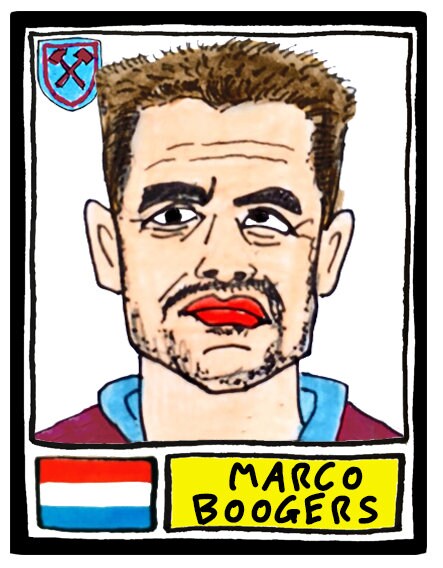 West Ham - No Score Draws Irons Edition - A3 print of 36 hand-drawn Panini-style football sticker legends - Cheapskate football art