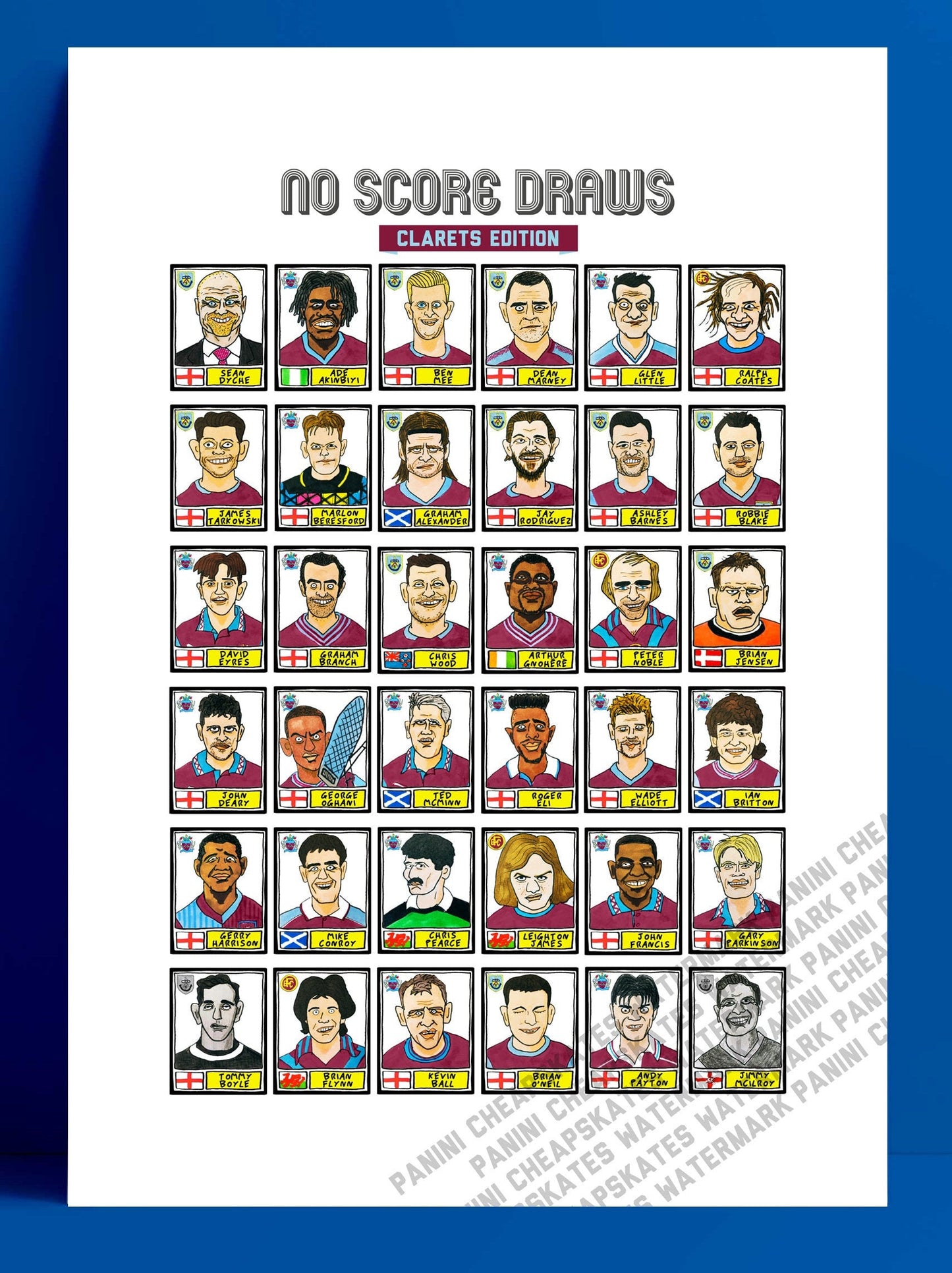 Burnley - No Score Draws Clarets Edition - A3 print of 36 hand-drawn Panini-style Burnley FC football legends - Cheapskate football art