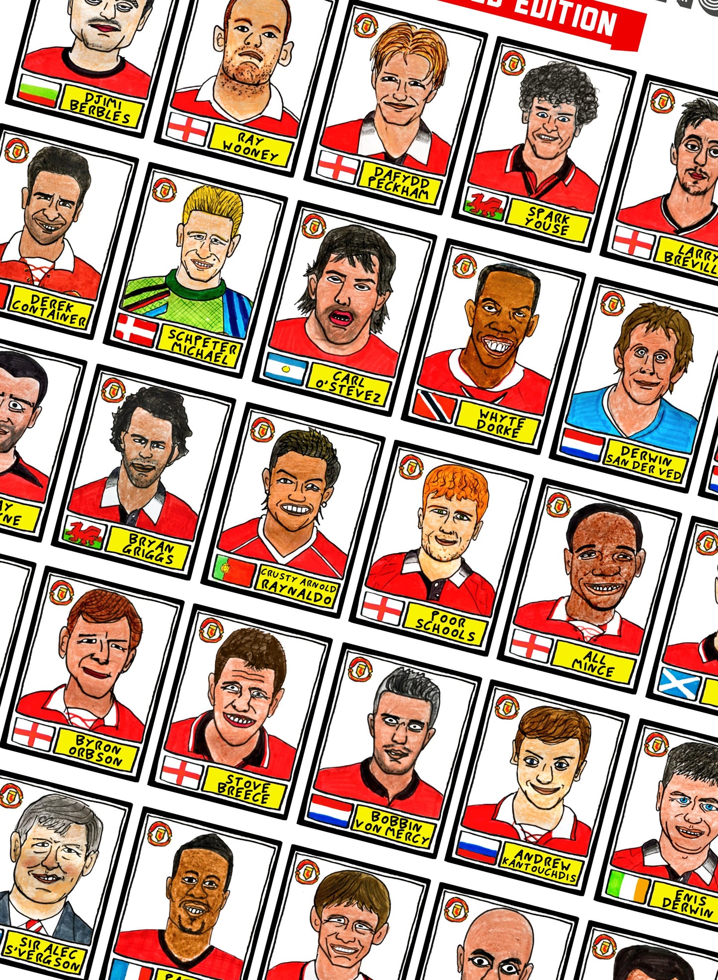 Definitely NOT Man United - No Score Draws Man Red Edition - A3 print of 36 hand-drawn Panini-style NOT Man Utd football legends