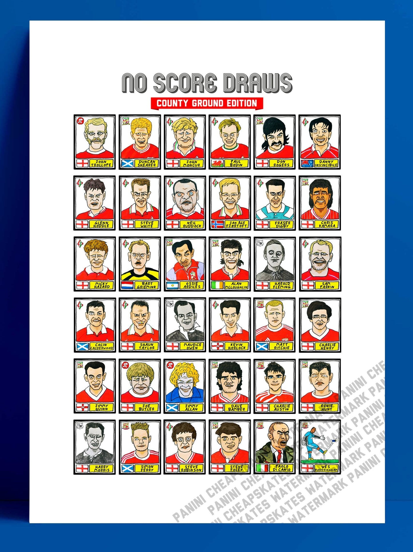 Swindon Town - No Score Draws County Ground Edition - A3 print of 36 hand-drawn Panini-style STFC football legends - Cheapskate football art