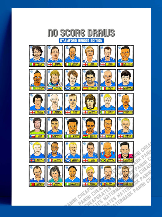 Chelsea - No Score Draws Stamford Bridge Edition - A3 print of 36 hand-drawn Panini-style football sticker legends - Cheapskate football art