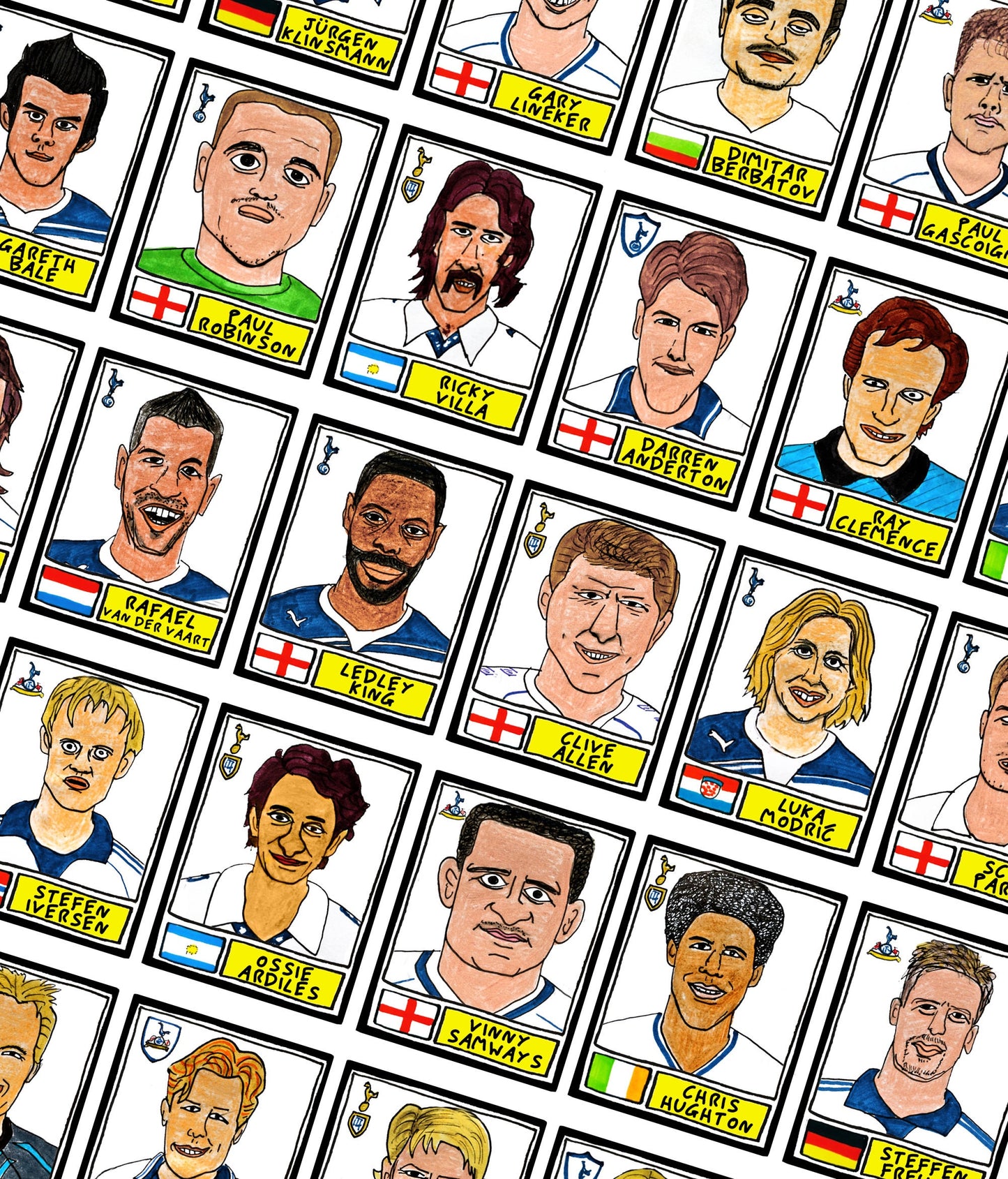 Spurs Volume 1 - No Score Draws White Hart Lane Edition - A3 print of 36 hand-drawn Panini-style football sticker legends - A3 football art