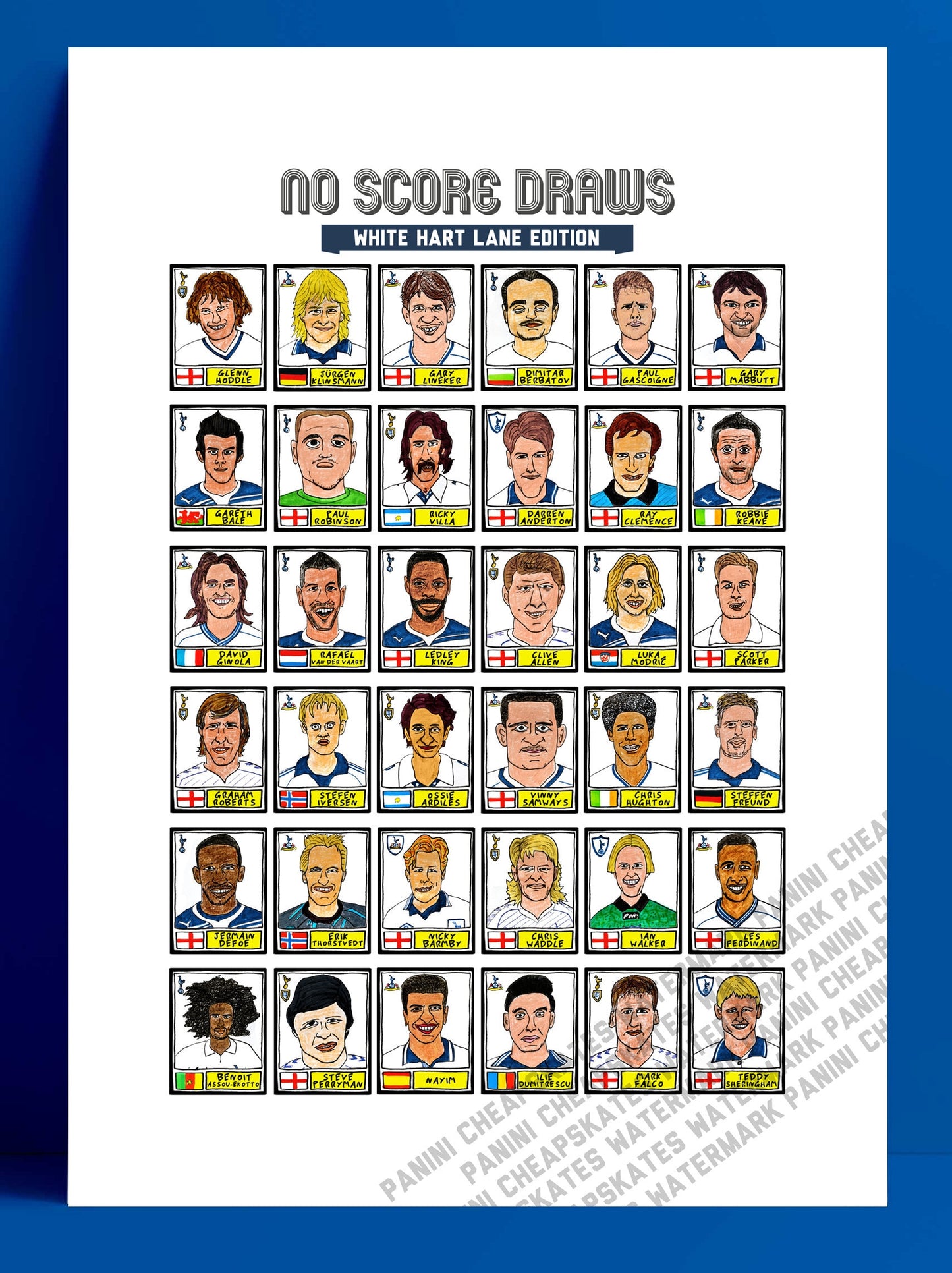 Spurs Volume 1 - No Score Draws White Hart Lane Edition - A3 print of 36 hand-drawn Panini-style football sticker legends - A3 football art