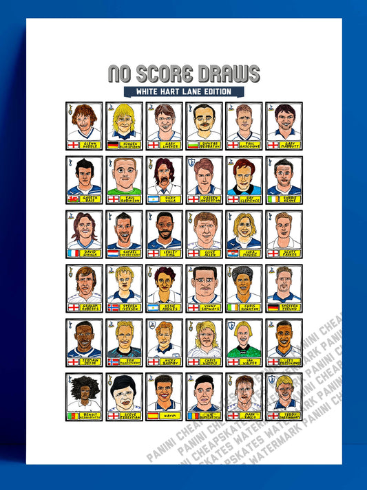 Spurs Volume 1 - No Score Draws White Hart Lane Edition - A3 print of 36 hand-drawn Panini-style football sticker legends - A3 football art