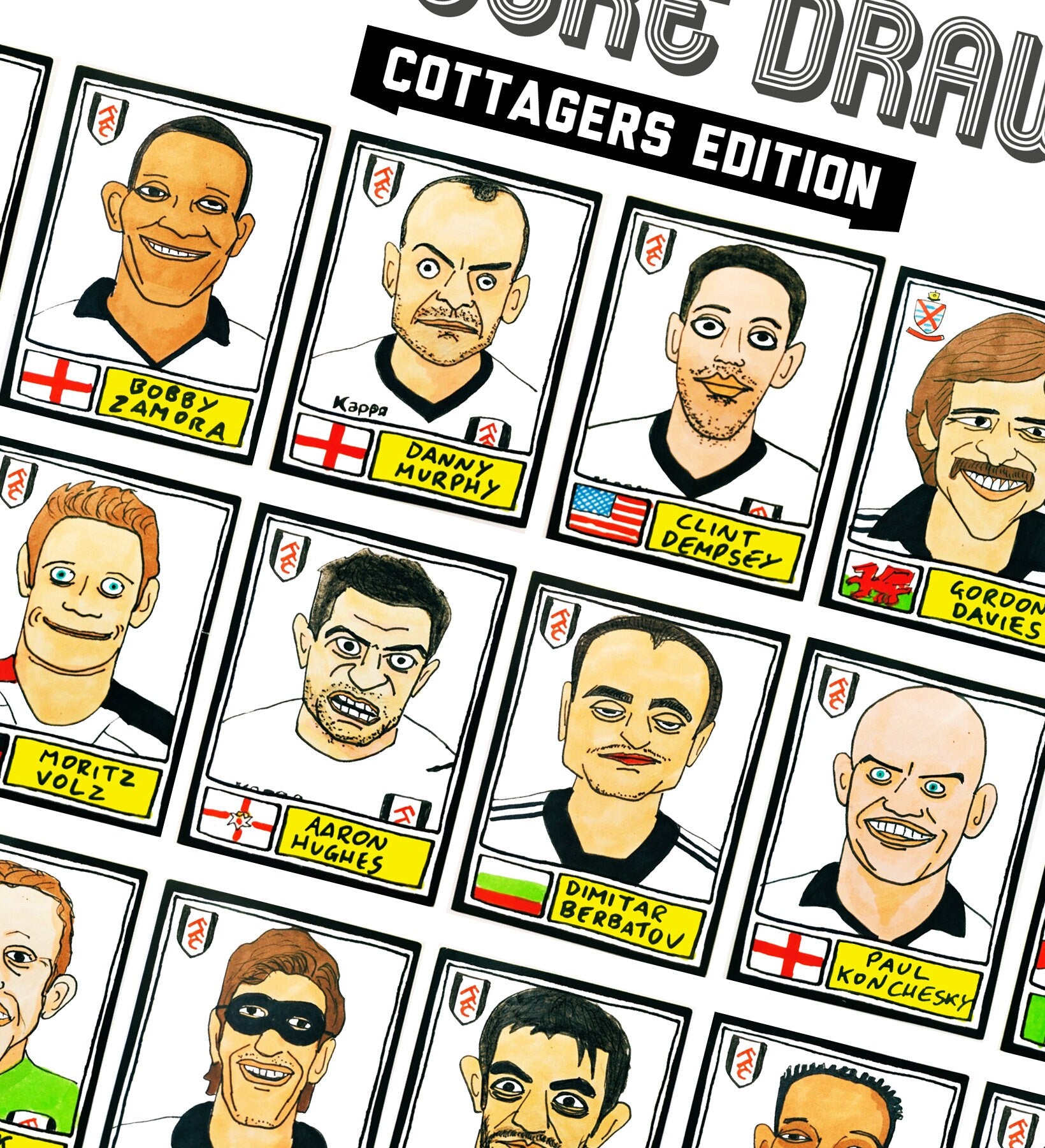 Fulham Volume 1 - No Score Draws Cottagers Edition - A3 print of 36 hand-drawn Panini-sticker-style Fulham icons - Cheapskate football art