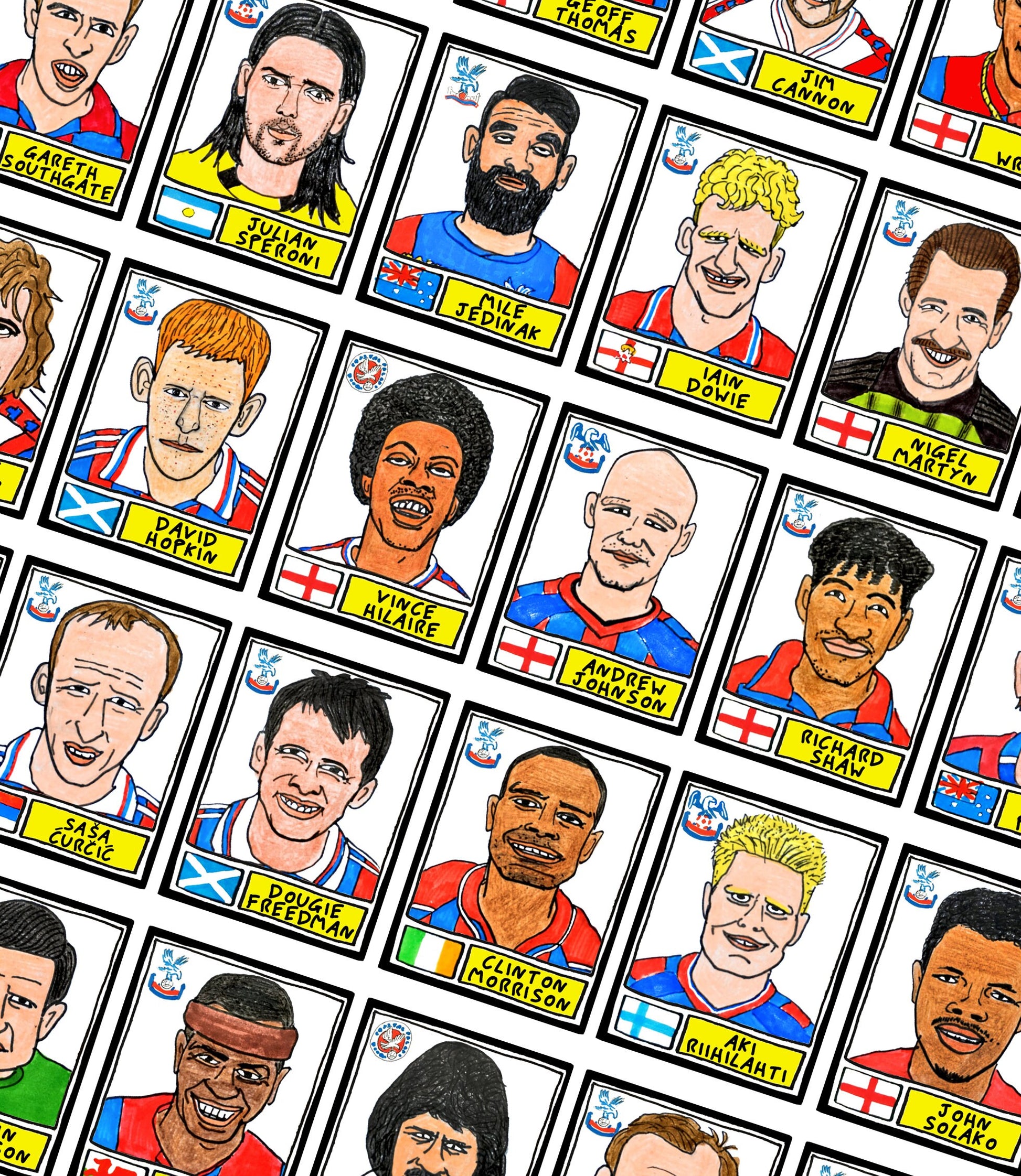 Crystal Palace - No Score Draws Eagles Edition - A3 print of 36 hand-drawn Panini-style football sticker legends - Cheapskate football art