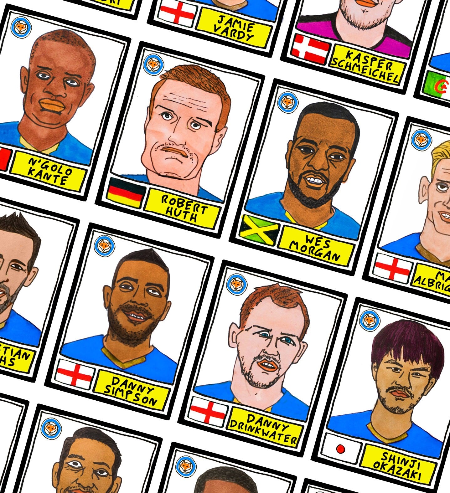 Leicester City Volume 1 - No Score Draws 5000-1 Edition - A3 print of 23 Panini-style football sticker legends - 15-16 EPL Title-Winners