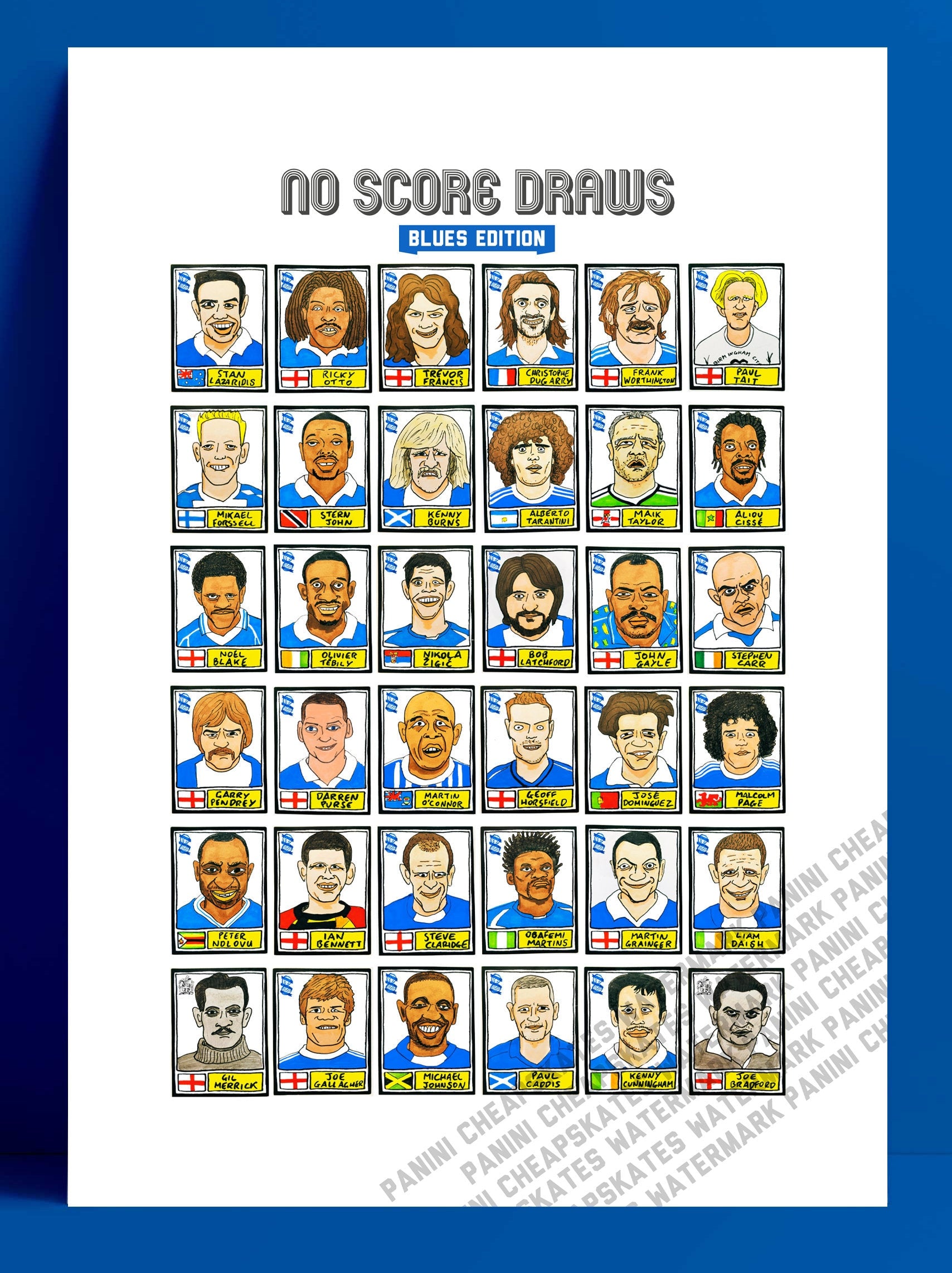 Birmingham City - No Score Draws Blues Edition - A3 print of 36 hand-drawn Panini-style footy sticker legends - Cheapskate football art