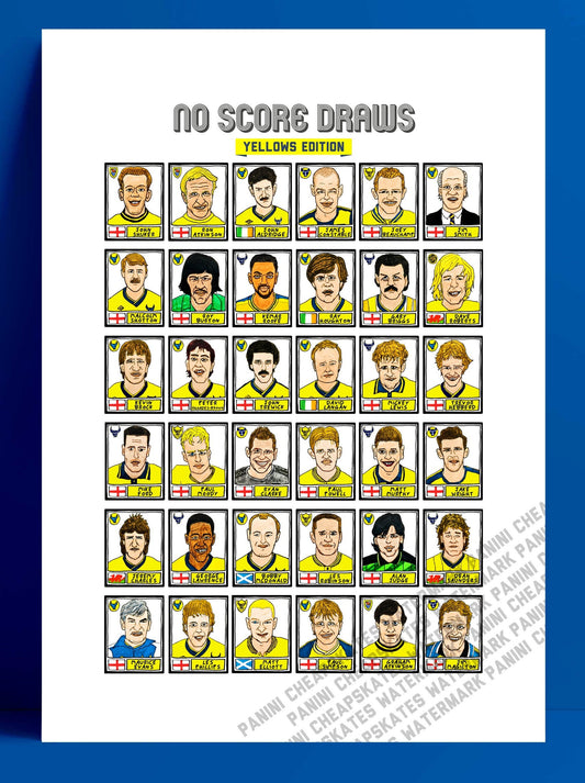 Oxford United - No Score Draws Yellows Edition - A3 print of 36 hand-drawn Panini-style football sticker legends - Cheapskate football art