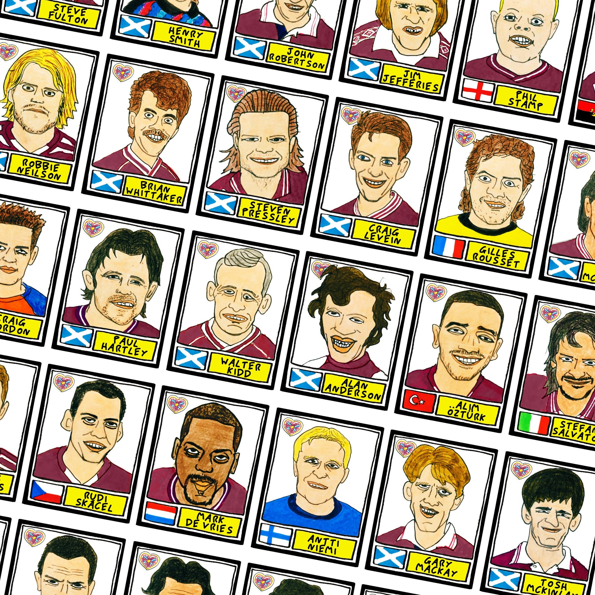 Hearts - No Score Draws Jambos Edition - A3 print of 36 hand-drawn Panini-style football sticker legends - Cheapskate football art