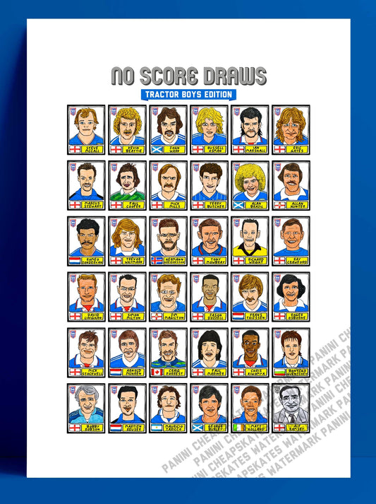 Ipswich Town - No Score Draws Tractor Boys Edition - A3 print of 36 hand-drawn Panini-style footy sticker legends - Cheapskate football art