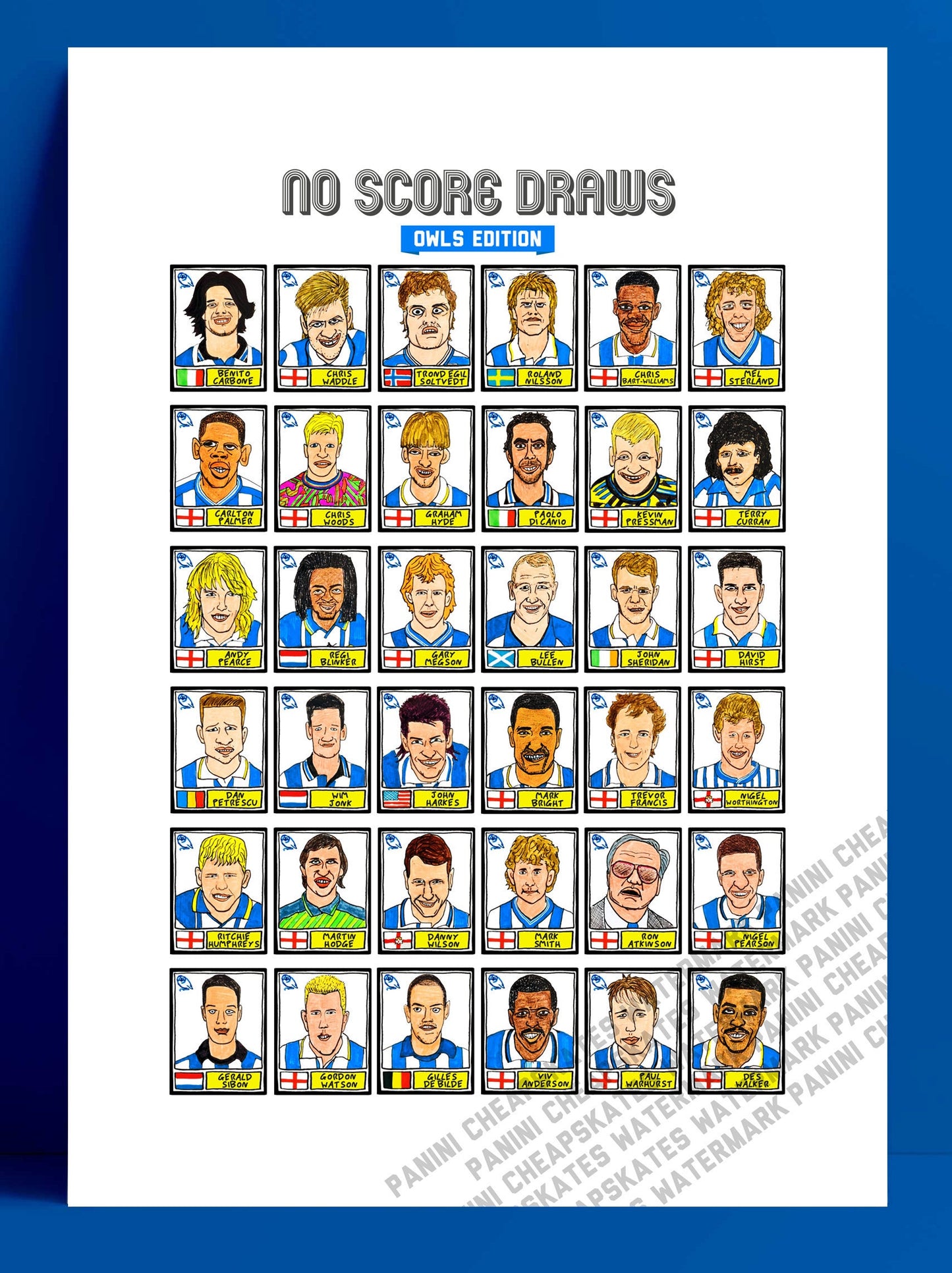 Sheffield Wednesday - No Score Draws Owls Edition - A3 print of 36 hand-drawn Panini-style football sticker icons - Cheapskate football art