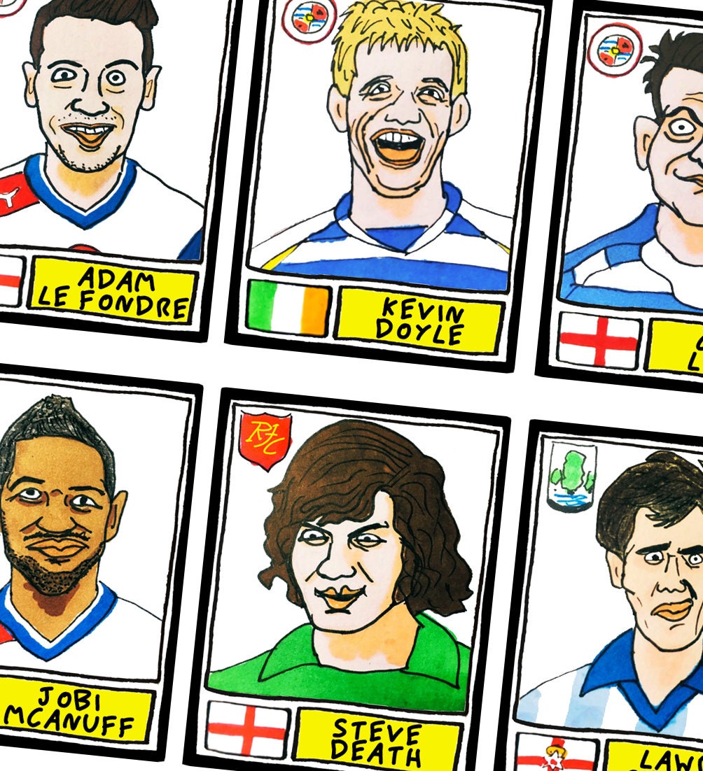 Reading - No Score Draws Royals Edition - A3 print of 36 hand-drawn Panini-style Reading football sticker legends - Cheapskate football art