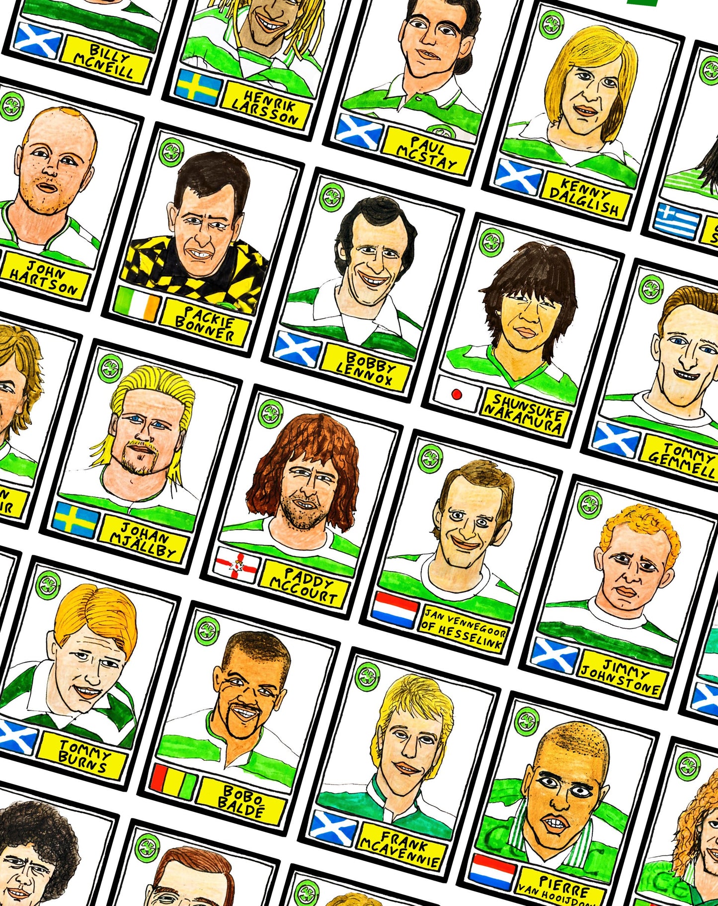 Celtic Volume 1 - No Score Draws Bhoys Edition - A3 print of 36 hand-drawn Panini-style football legends - Cheapskate football art