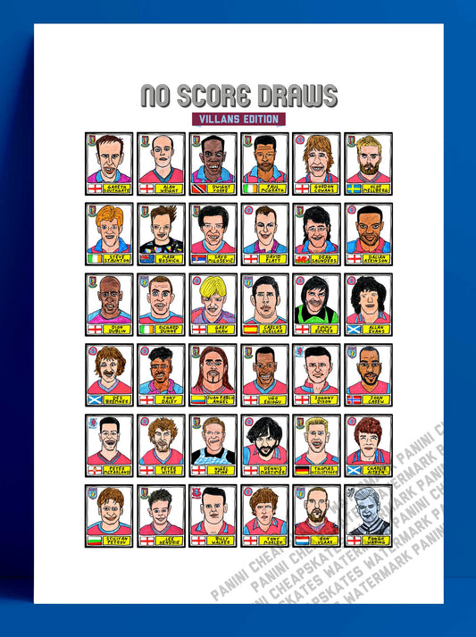 Aston Villa - No Score Draws Villans Edition - A3 print of 36 hand-drawn Panini-style football sticker legends - Cheapskate football art