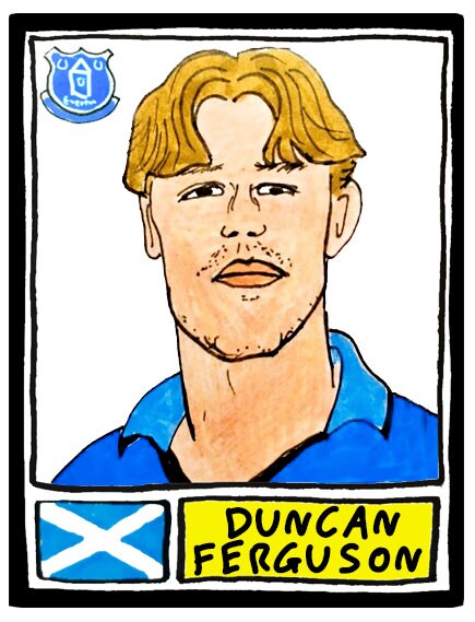 Everton - No Score Draws Toffees Edition - A3 print of 36 hand-drawn Panini-style football sticker legends - Cheapskate football art