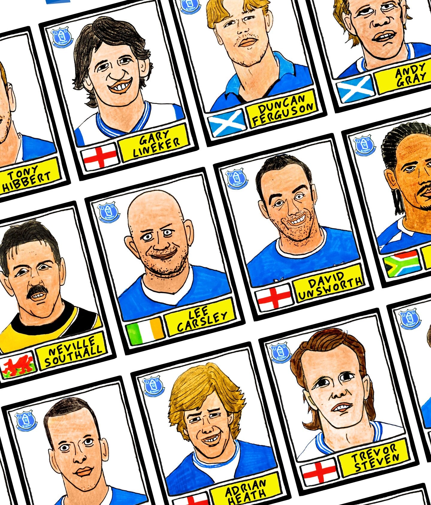 Everton - No Score Draws Toffees Edition - A3 print of 36 hand-drawn Panini-style football sticker legends - Cheapskate football art