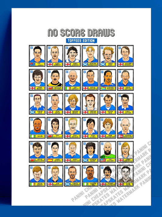 Everton - No Score Draws Toffees Edition - A3 print of 36 hand-drawn Panini-style football sticker legends - Cheapskate football art