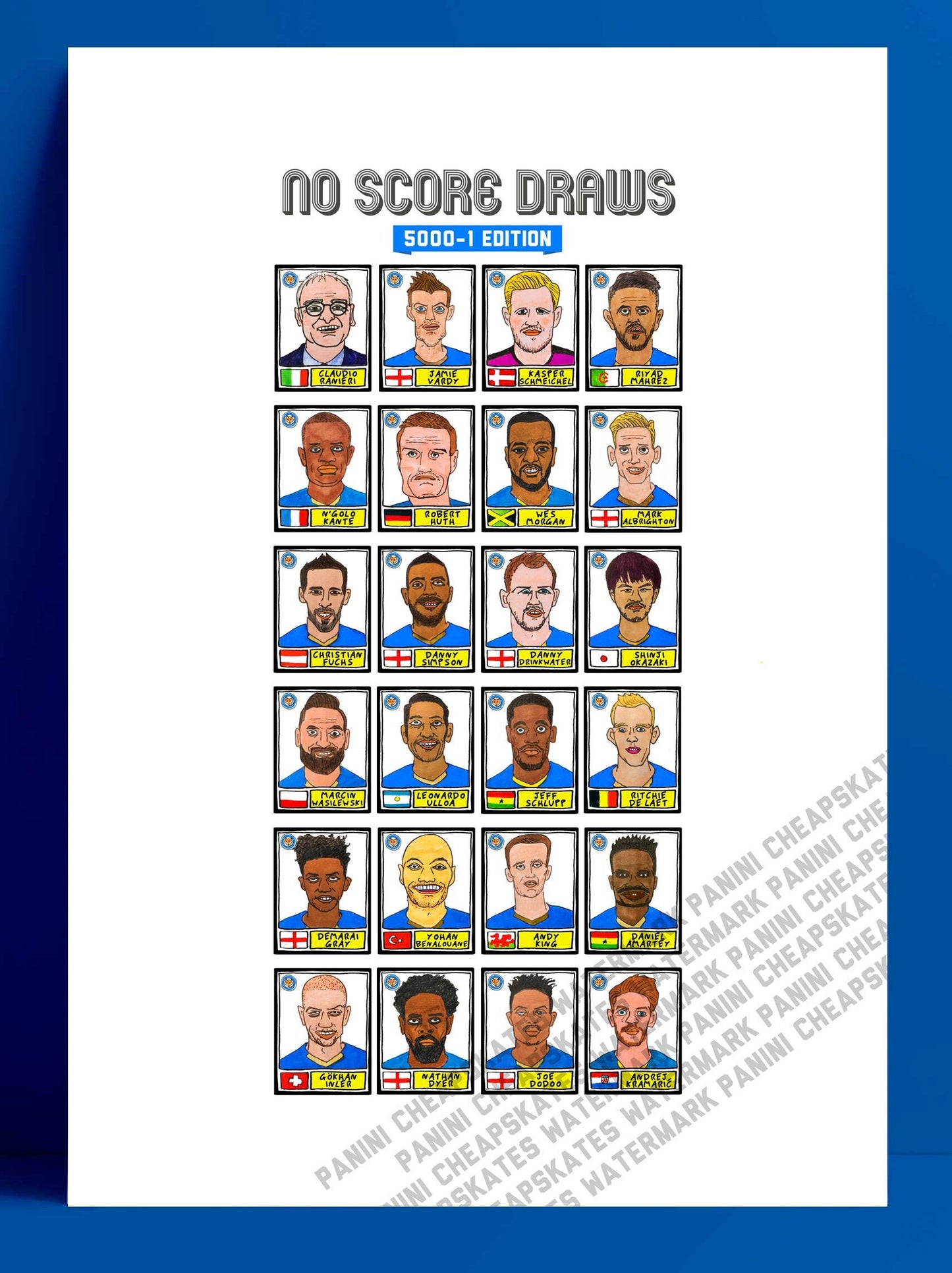 Leicester City Volume 1 - No Score Draws 5000-1 Edition - A3 print of 23 Panini-style football sticker legends - 15-16 EPL Title-Winners