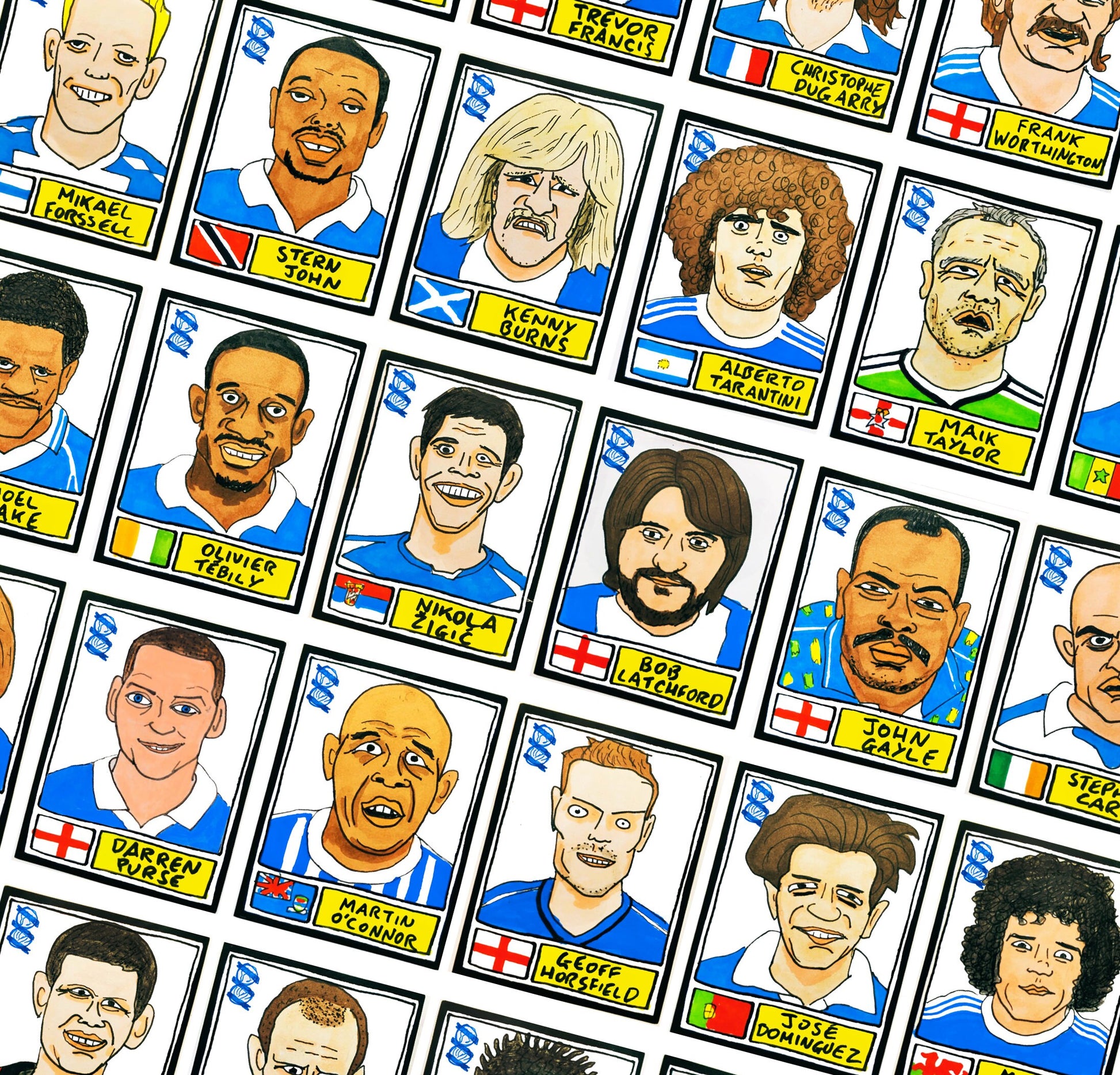 Birmingham City - No Score Draws Blues Edition - A3 print of 36 hand-drawn Panini-style footy sticker legends - Cheapskate football art