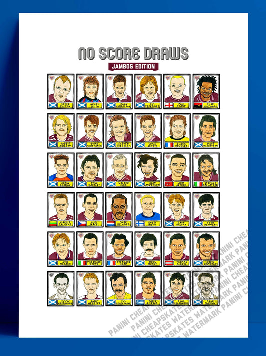 Hearts - No Score Draws Jambos Edition - A3 print of 36 hand-drawn Panini-style football sticker legends - Cheapskate football art