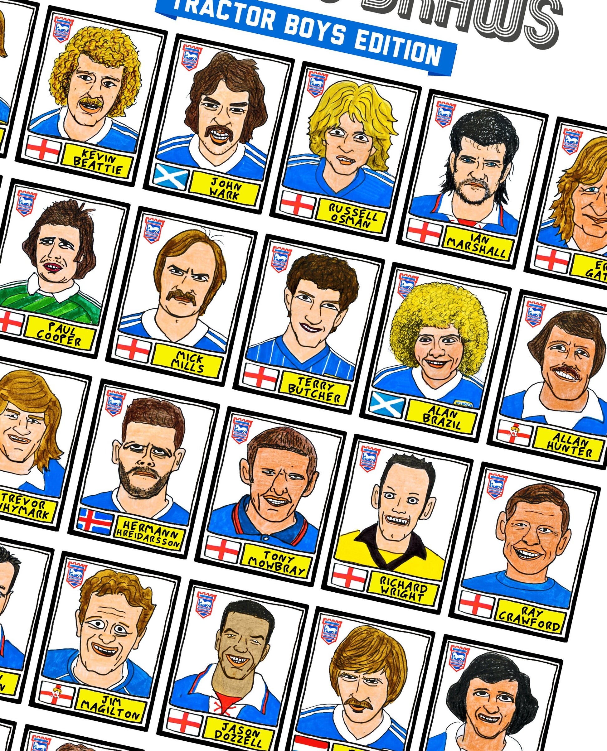 Ipswich Town - No Score Draws Tractor Boys Edition - A3 print of 36 hand-drawn Panini-style footy sticker legends - Cheapskate football art