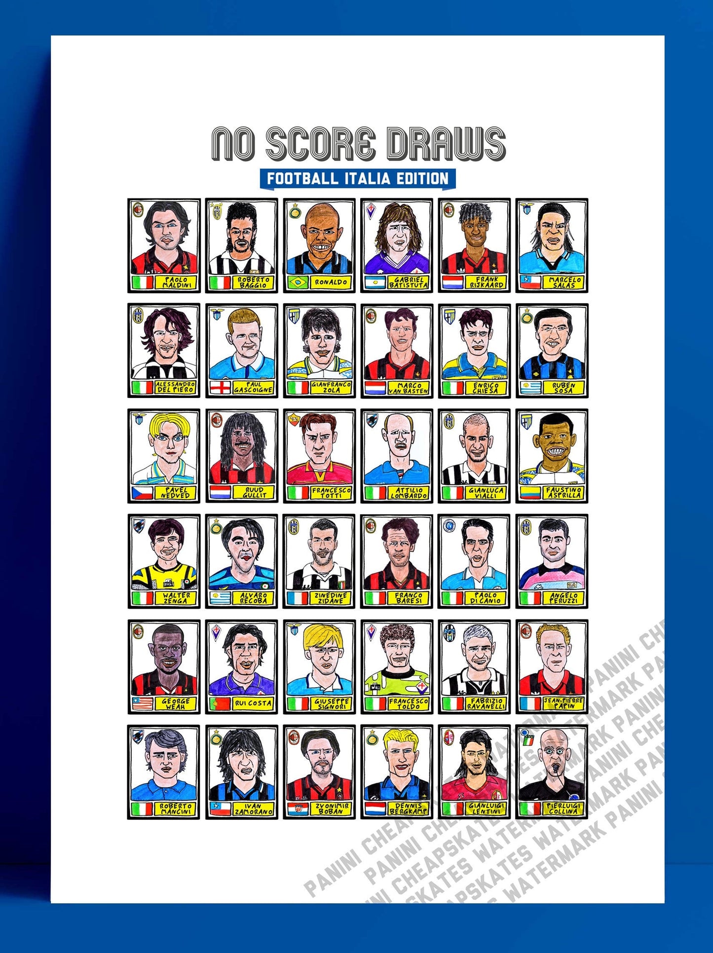 Football Italia - No Score Draws Serie A Edition - A3 print of 36 hand-drawn Panini-style Serie A sticker legends - Cheapskate football art