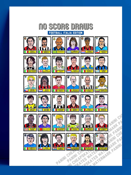 Football Italia - No Score Draws Serie A Edition - A3 print of 36 hand-drawn Panini-style Serie A sticker legends - Cheapskate football art