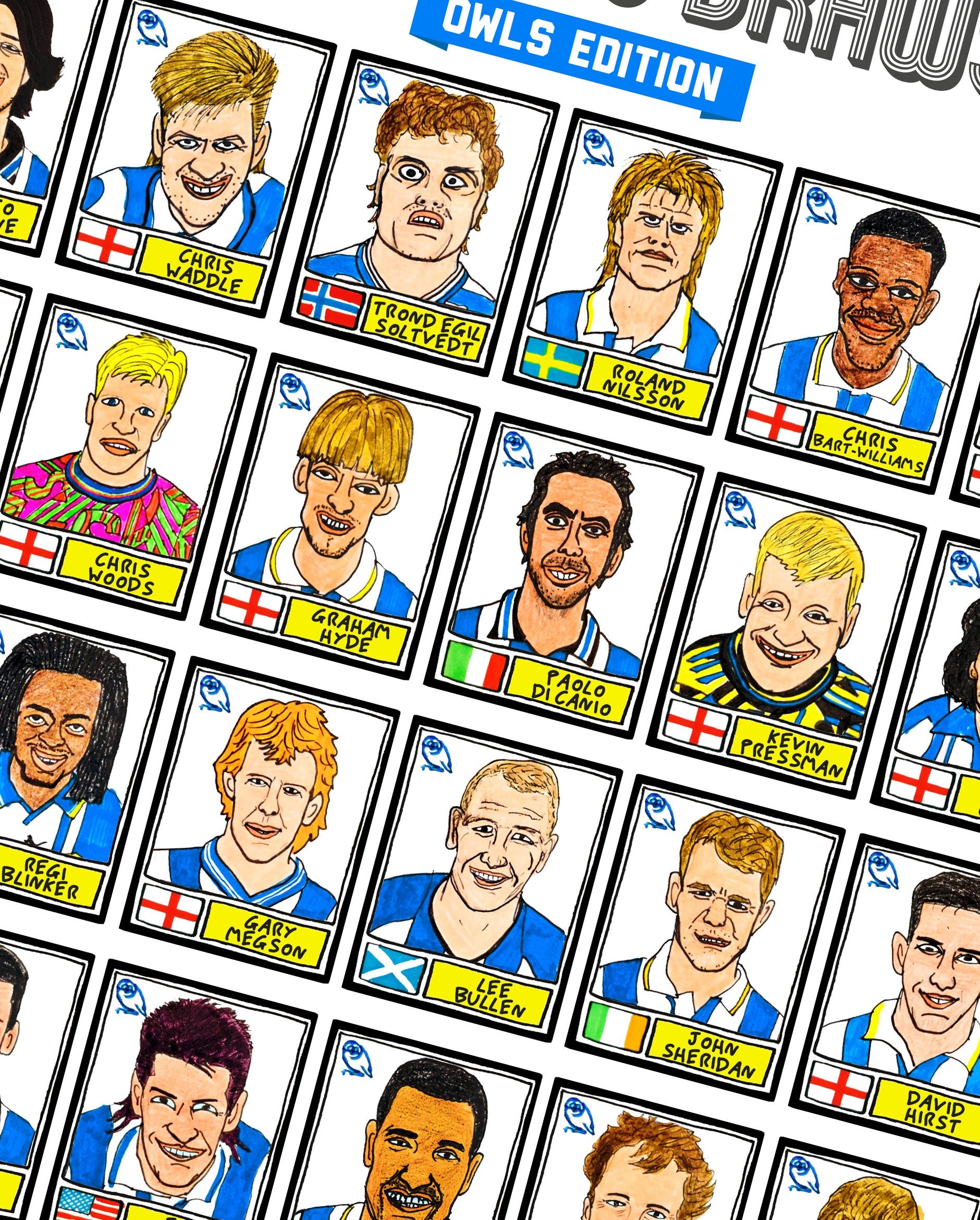 Sheffield Wednesday - No Score Draws Owls Edition - A3 print of 36 hand-drawn Panini-style football sticker icons - Cheapskate football art