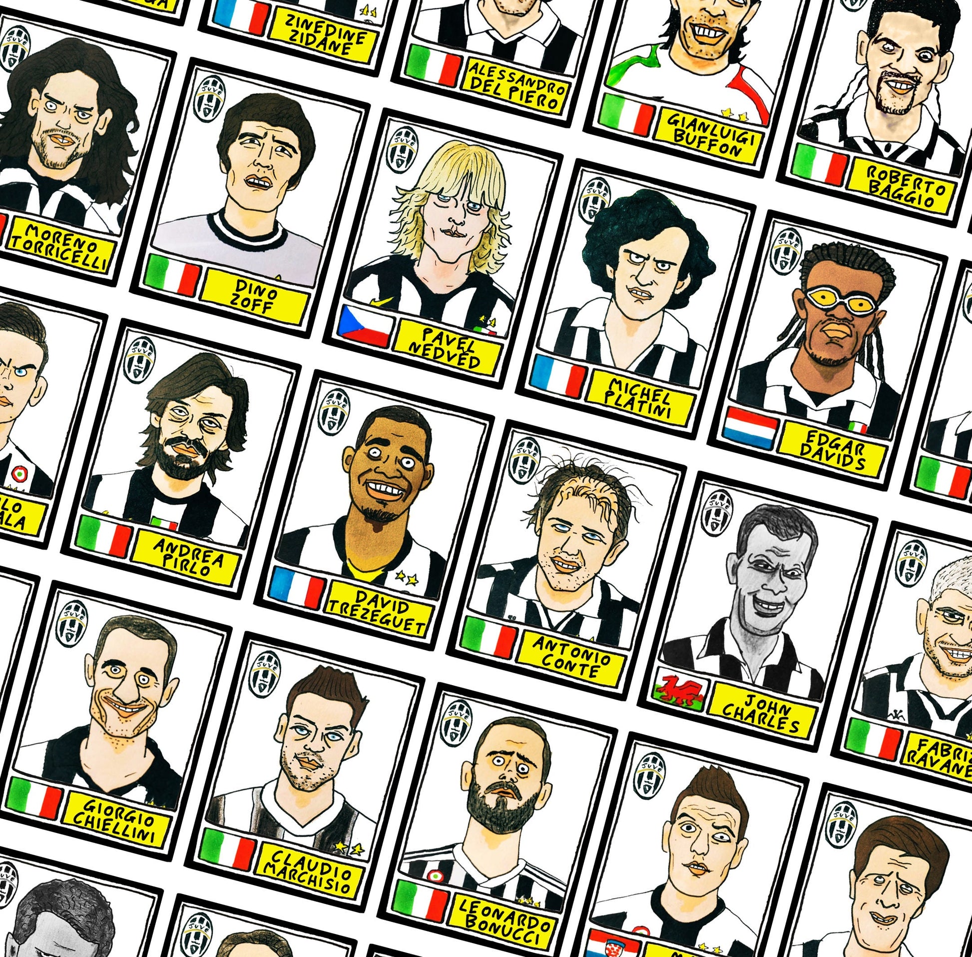 Juventus - No Score Draws Juve Edition - A3 print of 36 hand-drawn Panini-style Juventus FC football legends - Cheapskate football art