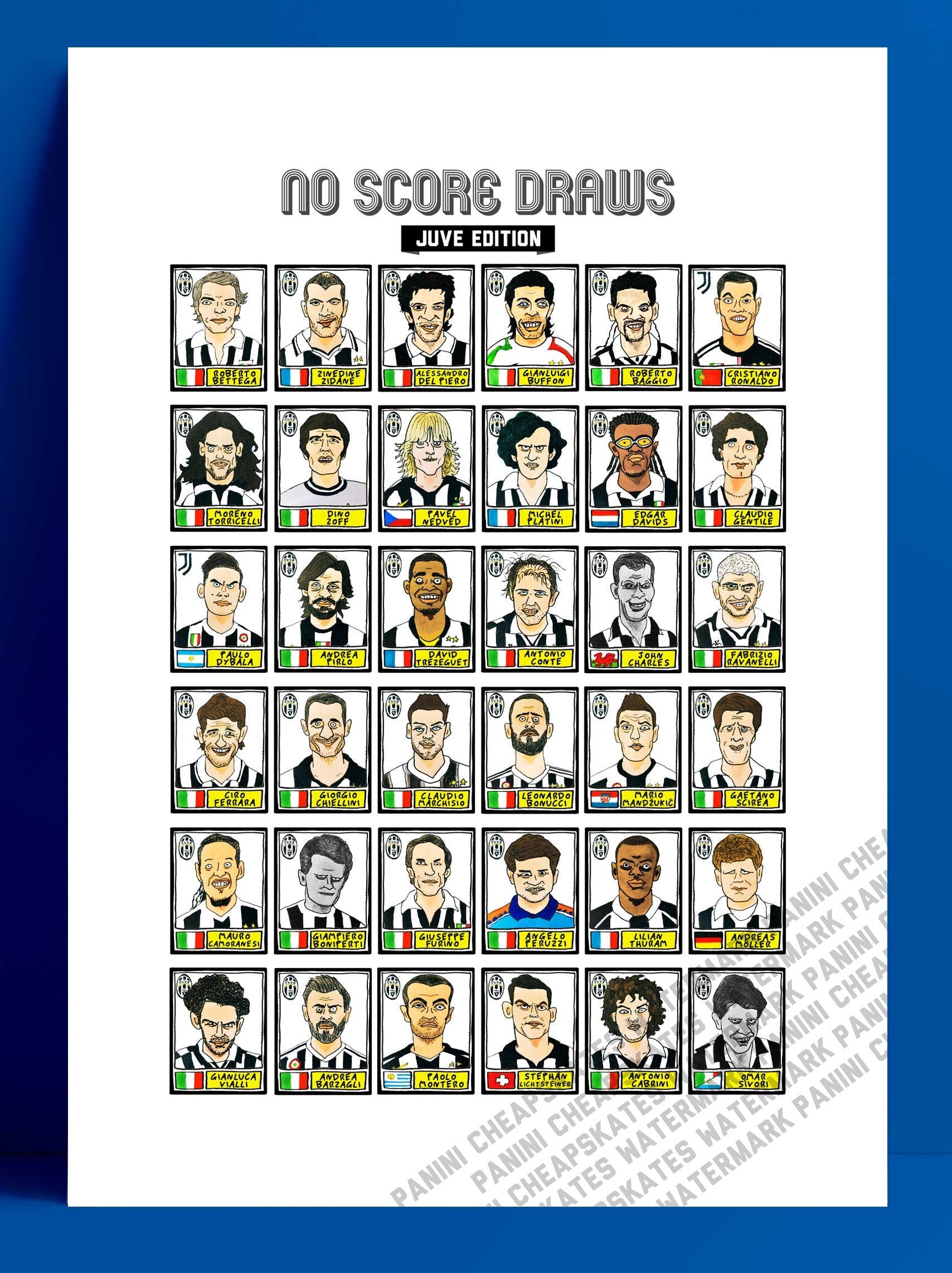 Juventus - No Score Draws Juve Edition - A3 print of 36 hand-drawn Panini-style Juventus FC football legends - Cheapskate football art