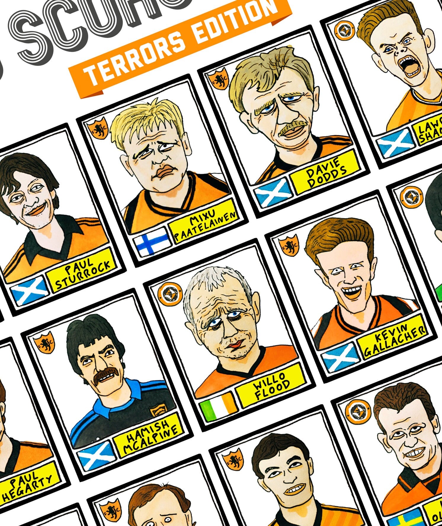 Dundee United - No Score Draws Terrors Edition - A3 print of 36 hand-drawn Panini-style football sticker legends - Cheapskate football art