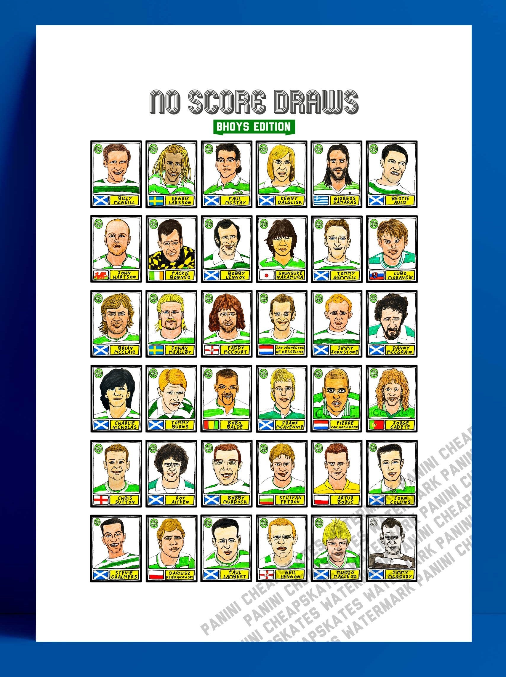 Celtic Volume 1 - No Score Draws Bhoys Edition - A3 print of 36 hand-drawn Panini-style football legends - Cheapskate football art