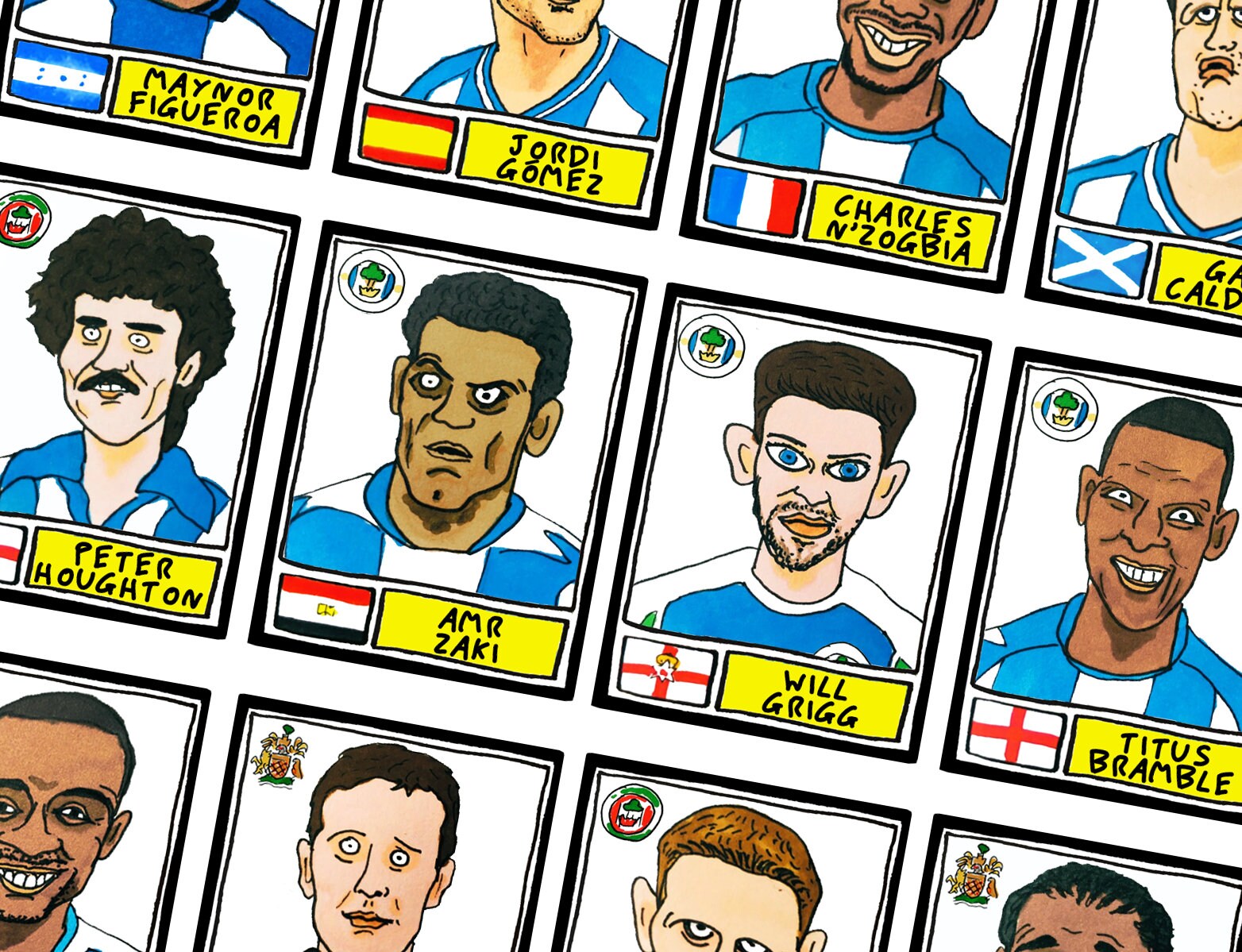 Wigan Athletic - No Score Draws Latics Edition - A3 print of 36 hand-drawn Panini-style WAFC footy sticker legends - Cheapskate football art