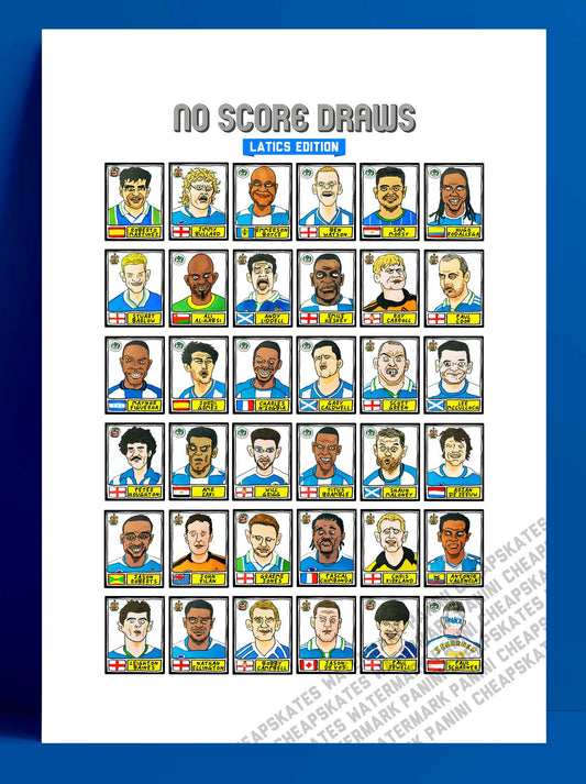 Wigan Athletic - No Score Draws Latics Edition - A3 print of 36 hand-drawn Panini-style WAFC footy sticker legends - Cheapskate football art