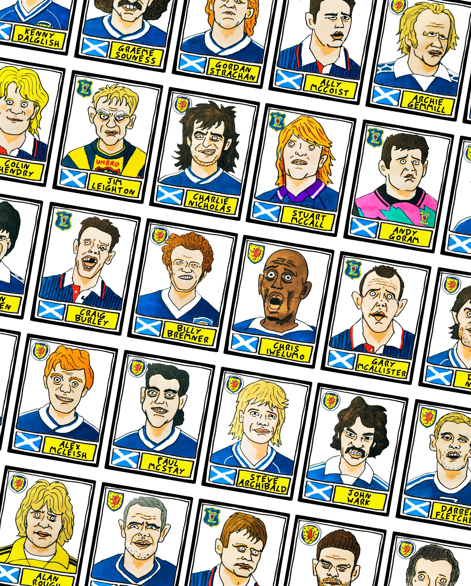 Scotland - No Score Draws Fitba Edition - A3 print of 36 hand-drawn Panini-style Scotland football icons - Cheapskate football art