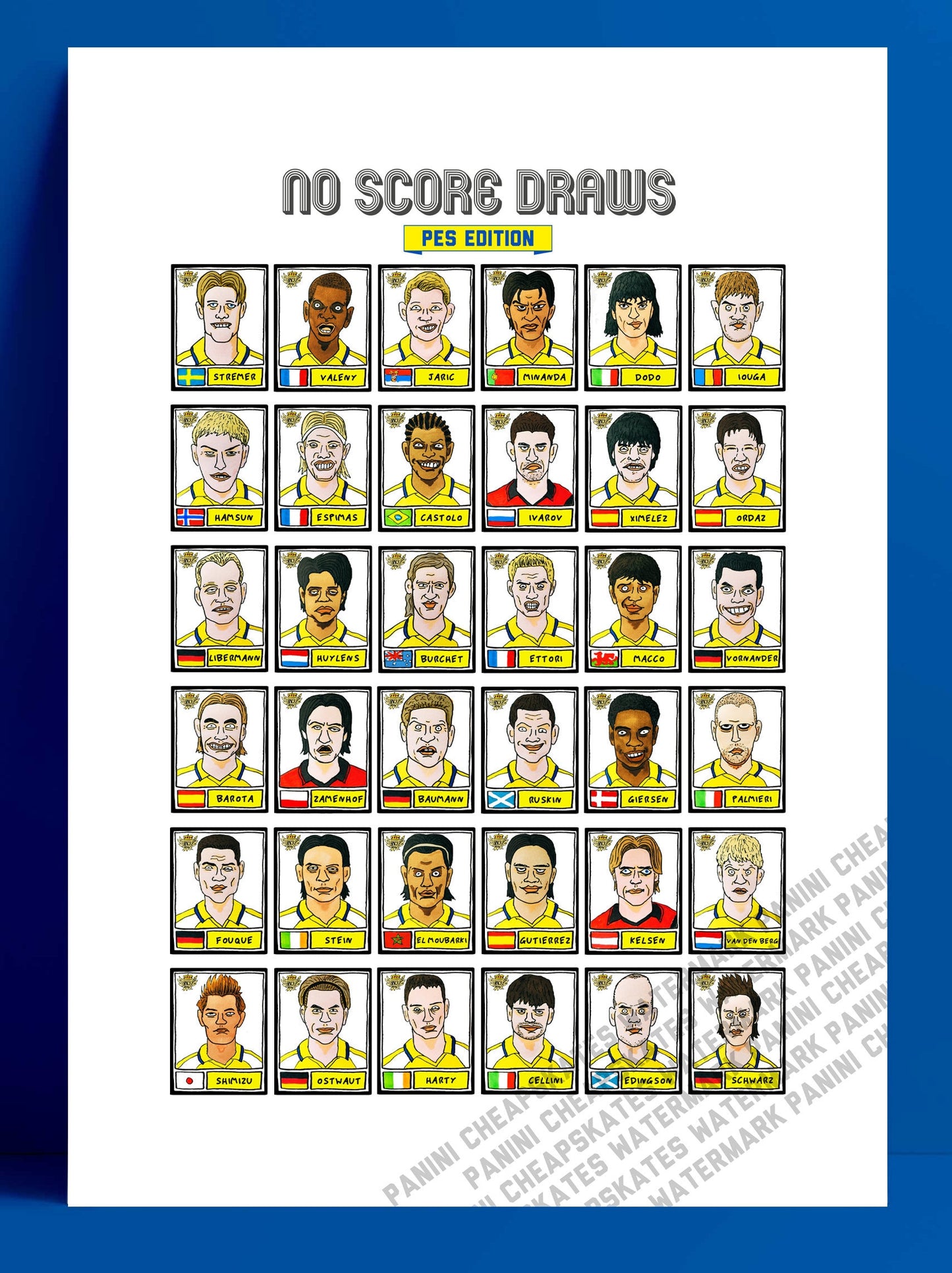 PES United Master League - No Score Draws PES Edition - A3 print of 36 hand-drawn Panini-style PES Master League legends