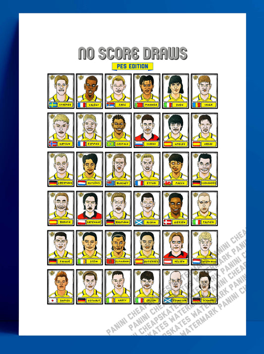 PES United Master League - No Score Draws PES Edition - A3 print of 36 hand-drawn Panini-style PES Master League legends