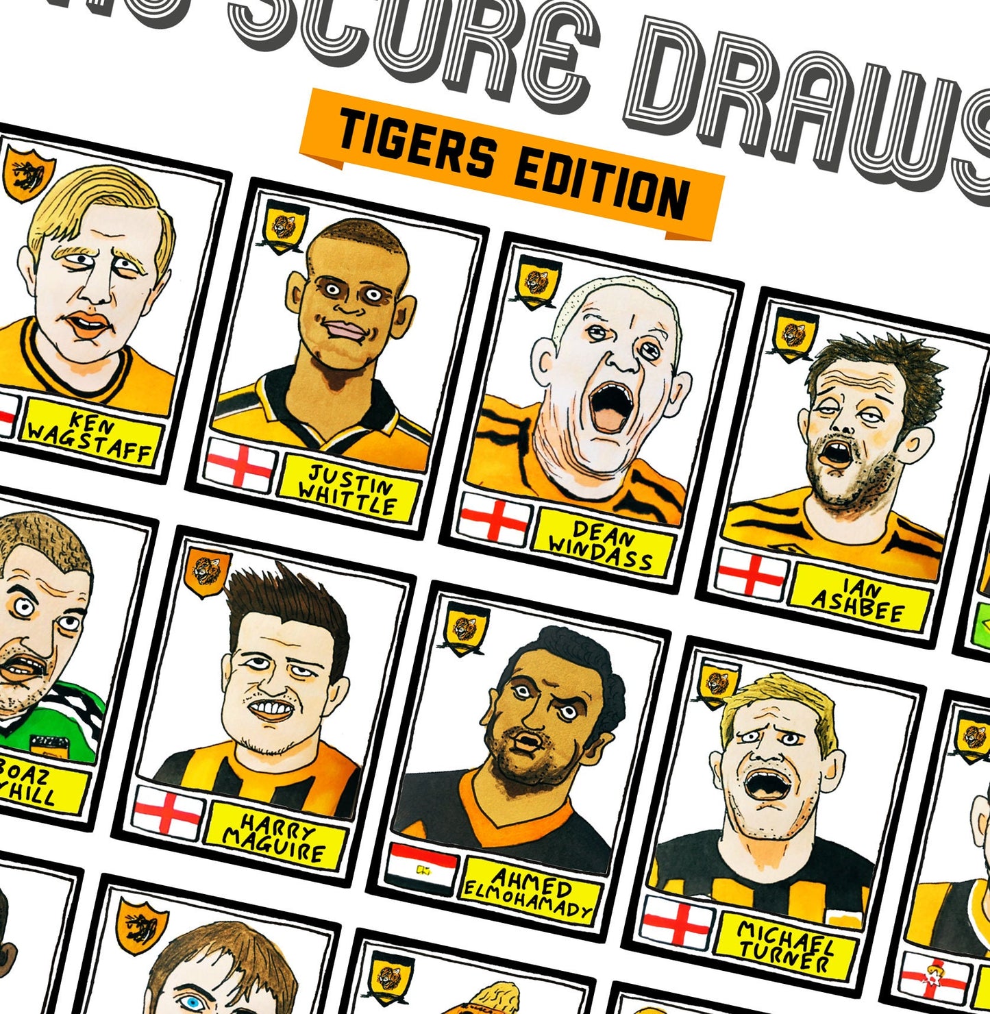 Hull City - No Score Draws Tigers Edition - A3 print of 36 hand-drawn Panini-style HCAFC footy sticker legends - Cheapskate football art