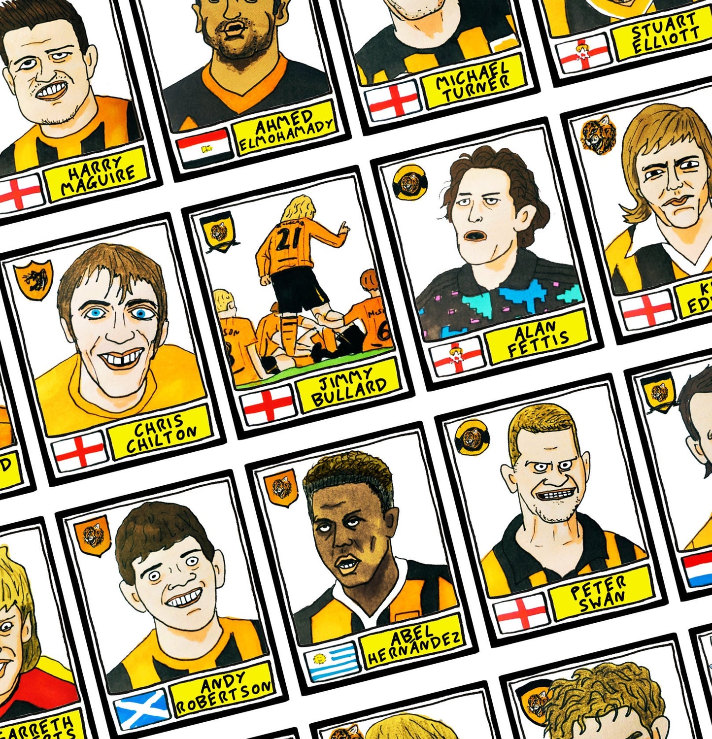 Hull City - No Score Draws Tigers Edition - A3 print of 36 hand-drawn Panini-style HCAFC footy sticker legends - Cheapskate football art